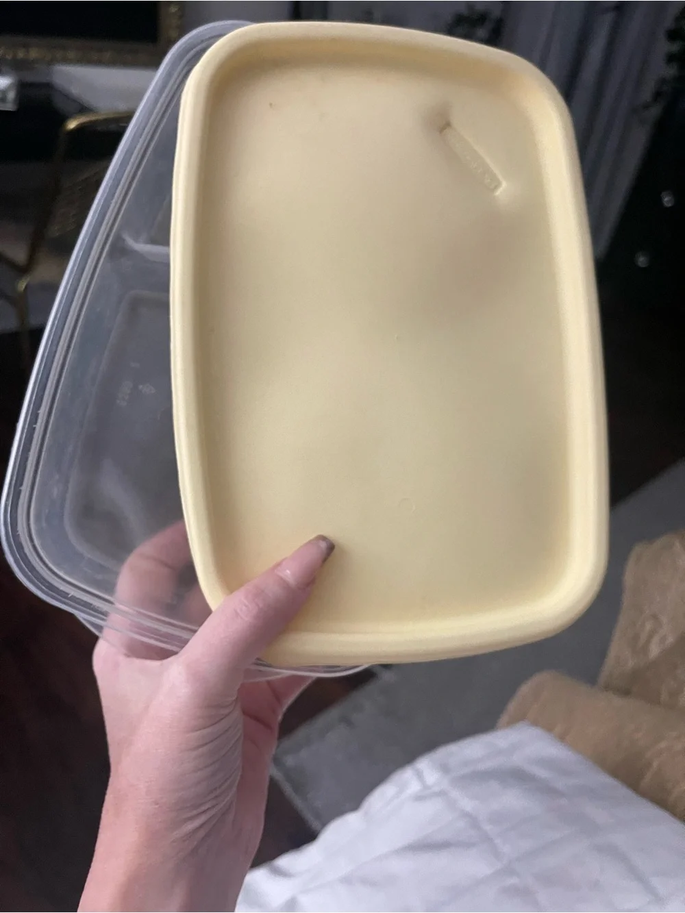 Vintage Rubbermaid 2 compartment storage with rare yellow scalloped lid.